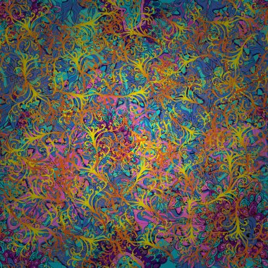 Renkli dağılımı ile süslü, Doğu mandala. Sanat, yuvarlak, mavi, sarı ve turuncu renkler renkli süsleme.