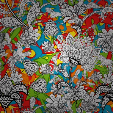 Soyut süsleme ile vektör doğa seamless modeli. Vektör yuvarlak mandala çocukça tarzı. Süs doodle beyaz, siyah ve kırmızı renkleri.