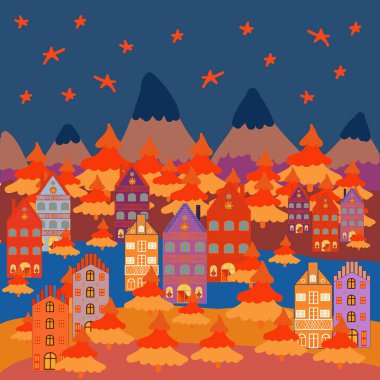 Renkli sevimli açık havada manzara. Tepeler arasında. Vektör Köyü kırsal sahne arka plan. Serbest çizilmiş karikatür tarzı. Mavi, turuncu ve kahverengi renkleri üzerinde kırsal topluluk.