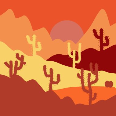 Çöller ve kum tepeleri manzaraya gündoğumu. Kompozisyon. Vektör çizim. Turuncu, sarı ve kırmızı renkler manzara.