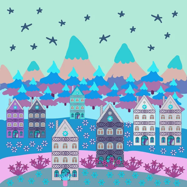 Feliz Cartão Natal Com Casa Edifícios Bonitos Cores Neutras Azuis — Vetor de Stock