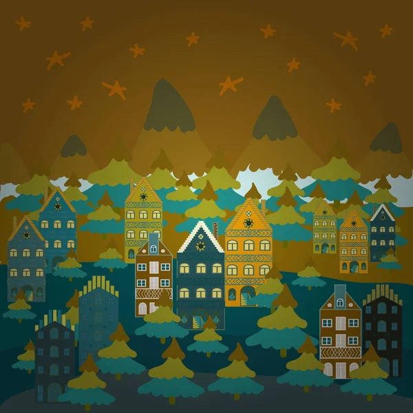 Landscape with winter houses, wood, trees, hills on brown, blue and green colors. Creative christmas background. Vector illustration.