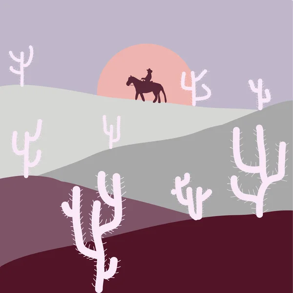 ベクトルの図 シルエット サボテンと山旅行アフリカ ランドス ケープ フラット スタイル デザイン中立 灰色と紫の色の漫画の砂漠 — ストックベクタ
