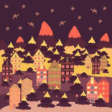 Vektör çizim. Peri ev şaşırtıcı Noel'de büyülü ormanda dekore edilmiştir. Olağandışı christmas illüstrasyon kartpostal mor, kahverengi ve bej renkler.