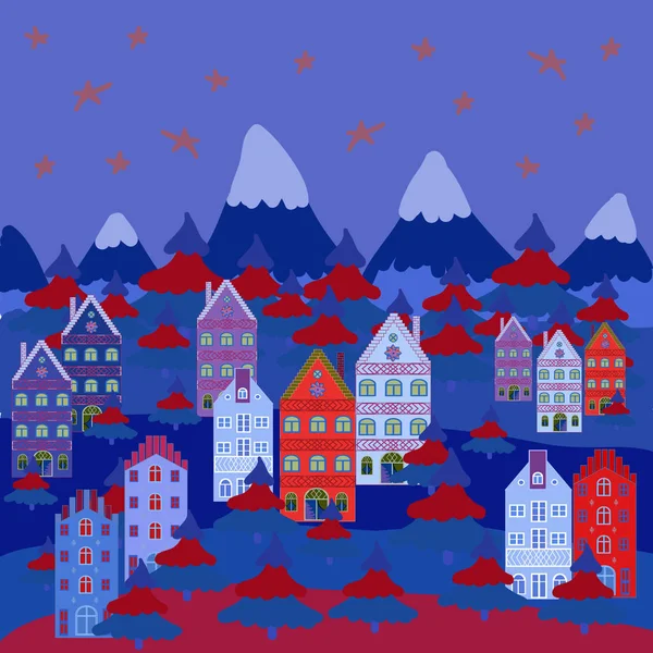 Creative christmas background. Vector illustration. Landscape with winter houses, wood, trees, hills on blue, red and neutral colors.