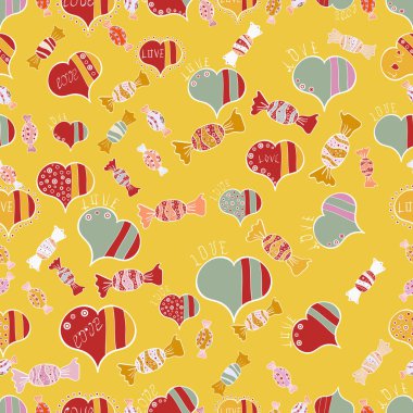 Sevgililer günü kesintisiz arka plan. Sıradışı tasarımlar. Sarı, kırmızı ve nötr renkler güzel arka plan üzerinde şirin kalpler seviyorum. Vektör çizim.