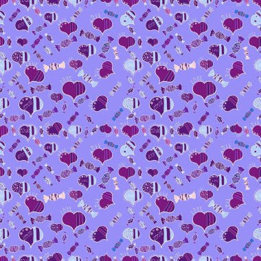 Sorunsuz vektör desen yürekleri. Elle çizilmiş sembolleri ile arka plan. Kroki tarzı menekşe, mor renkler üzerinde çizim. Kaydırma, dekor, yüzey, kartları, arka planlar, tekstil, şablon baskı.