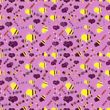 Romantik arka plan üzerinde pembe, mor ve sarı renkler. Vektör çizim. Sorunsuz kaligrafi metin özel trendy aşk kalp ve tasarım için Happy Valentine': s gün vintage, kartı, afiş arka plan.