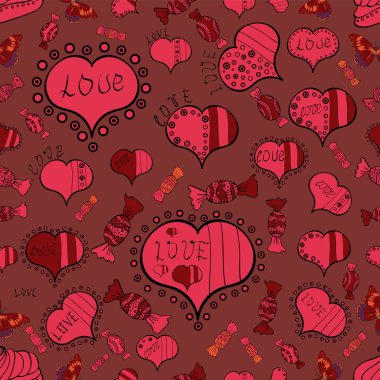 Arka plan seviyorum. Vektör çizim. Seamless aşk modeli. Büyük ve küçük mavi kalpler olan swirls kahverengi, pembe ve siyah renklerde arka plan.