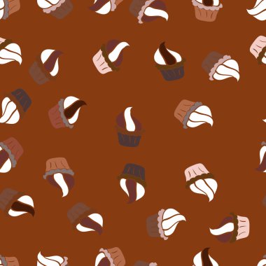 Sevimli vektör kek ve kurabiye sorunsuz. Renkli cupcake gıda poster dizayn kahverengi, beyaz ve tarafsız için izole.