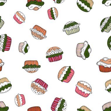Seamless.Colorful ve tatlı zaman beyaz, yeşil ve siyah izole ortada yazılı ile farklı cupcakes. Vektör çizim.