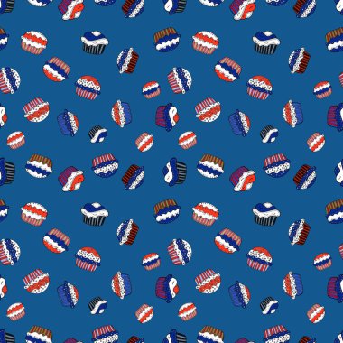 Hamur işi. Sorunsuz elle çizilmiş vintage tarzı kek ve kurabiye. Top kek tatlar illüstrasyon mavi, beyaz ve kırmızı doodle. Vektör çizim.