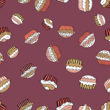Tatlılar tasarım arka plan. Vektör çizim. Güzel Doğum günü arka plan mor, beyaz ve bej. Tatlı kek deseni ile Seamless modeli.