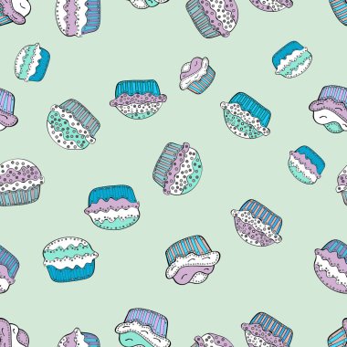 Güzel Doğum günü desen gri, beyaz ve mavi. Pasta kek şirin seamless modeli. Vektör. Gıda afiş tasarımı için.