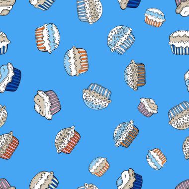 Mavi, beyaz ve bej parlak Doğum izi. Sulu boya Dikişsiz desen kekler. Vektör. Kağıt ambalaj.