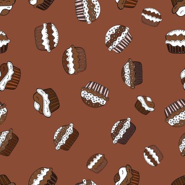 Tatlılar tasarım arka plan. Soluk kahverengi, beyaz ve siyah seamless modeli kekler. Vektör çizim. Şirin Doğum günü arka plan üzerinde kahverengi, beyaz ve siyah.