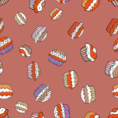 Sorunsuz lezzetli çörekler ve muffins karikatür pembe, beyaz ve turuncu vektör. Çikolatalı Doğum günü tatlı kek illüstrasyon.