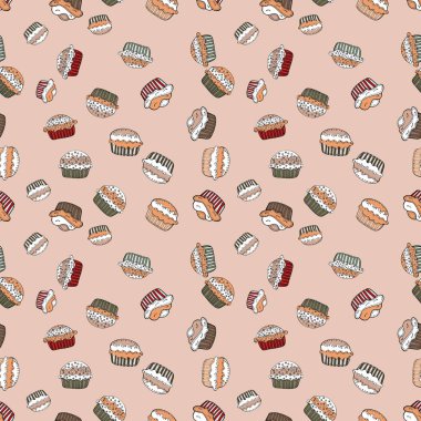 Vektör. Tatlılar - Dondurma, tatlı tarafsız, beyaz ve turuncu zemin üzerine izole kek ile Seamless modeli. Doğum günü kartı, çocuk menüsü, ambalaj, tekstil, kumaş, duvar kağıdı için kullanabilirsiniz.