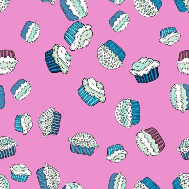 Dikişsiz desen cupcakes pembe, beyaz ve gri arka plan üzerinde. Kağıt ambalaj. Vektör çizim.