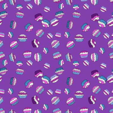 Tatlılar tasarım. Vektör çizim. Elle çizilmiş özetlenen renkli seamless modeli kekler, mor, beyaz ve mavi sevimli arka plan.