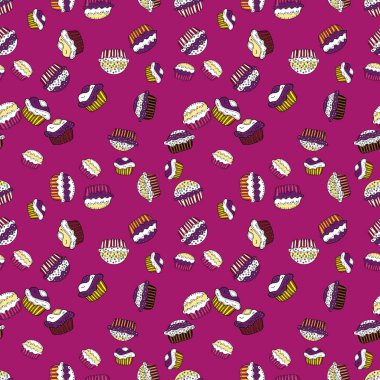 Mor, beyaz ve siyah renklerde izole. Doğum günü kartı, çocuk menüsü, ambalaj, tekstil, kumaş, duvar kağıdı için kullanabilirsiniz. Tatlılar - Dondurma, top kek ile Seamless modeli. Vektör çizimi.