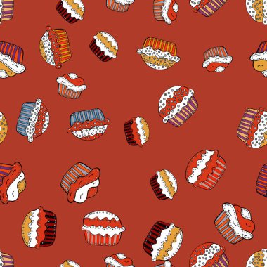 Sorunsuz elle çizilmiş doodle tatlılar: top kek, kek, pasta, kek. Güzel Doğum günü turuncu, beyaz ve siyah arka plan. Vektör çizim.