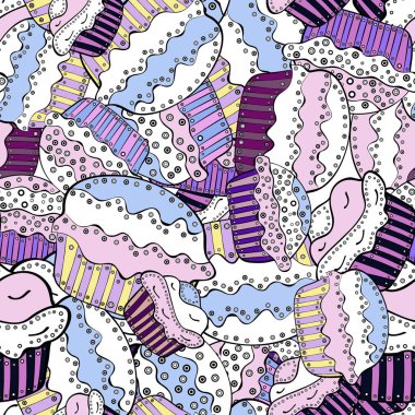 Tatlılar tasarım arka plan. Güzel Doğum günü arka plan üzerinde beyaz, tarafsız ve siyah. Tatlı kek deseni ile Seamless modeli. Vektör çizim.