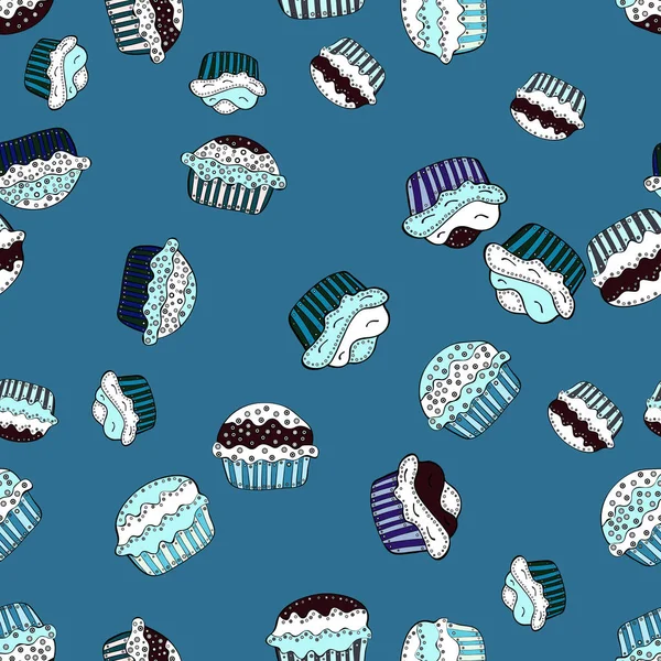 Dessiné Main Tracé Motif Sans Couture Coloré Avec Cupcakes Fond — Image vectorielle