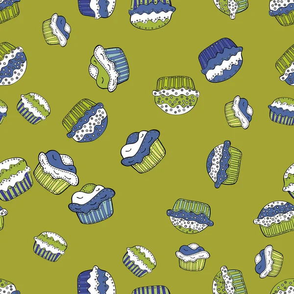 Sorunsuz elle çizilmiş doodle tatlılar: top kek, kek, pasta, kek. Güzel Doğum günü zemin üzerine sarı, beyaz ve yeşil. Vektör çizim.