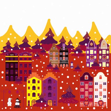 Vektör çizim. Noel Köyü, Noel Baba. Peri evleri tarafsız, kırmızı ve mor renkler. Panorama.