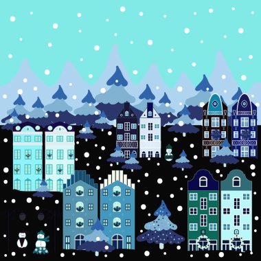 Çocuklar kumaş, kumaş, kreş kroki için mükemmel. Evler, ağaçlar ve dağlar renkli desen. Şirin doğa manzara kavramı mavi, siyah ve nötr renkler.