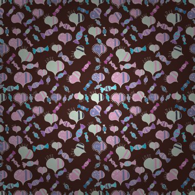 Vektör. Şirin yazı hat metin ve kalpleri, zarflar, kesintisiz aşk desenle doodles. Elle çizilmiş illüstrasyon karikatür tarzı kahverengi, tarafsız ve gri renkler.