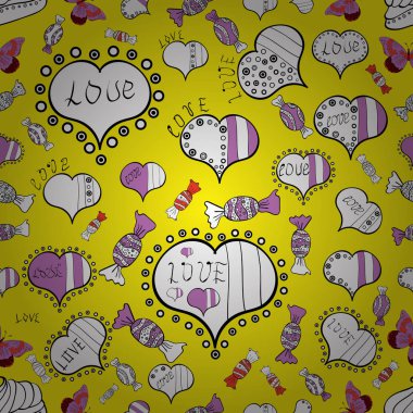 Sevimli sarı, beyaz ve siyah renkler öğeleri. Valentine': s gün kartı sorunsuz arka plan deseni kalp. Yinelenen doku. Sorunsuz kupa desen. Vektör çizim.