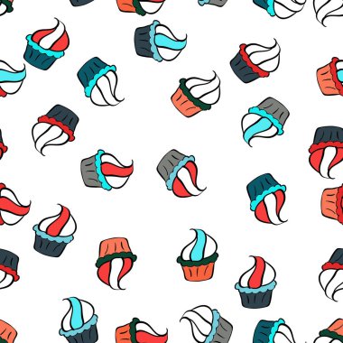 Vektör çizim. Beyaz, siyah ve turuncu şirin Doğum izi. Elle çizilmiş cupcakes. Doodle kek krem ile. Vektör cupcake çizim.