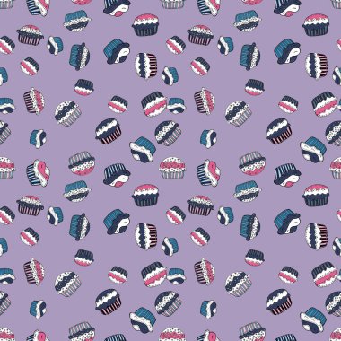 Sorunsuz lezzetli çörekler ve muffins tarafsız karikatür, mavi ve beyaz vektör. Çikolatalı Doğum günü tatlı kek illüstrasyon.