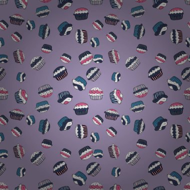 Kağıt ambalaj. Cupcake tarafsız, mavi ve beyaz arka plan üzerinde ile sorunsuz. Gıda afiş tasarımı için. Vektör çizim.