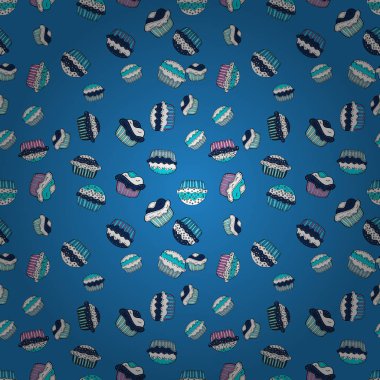 Kağıt ambalaj. Vektör çizim. Mavi, beyaz ve siyah arka plan üzerinde cupcakes seamless modeli.