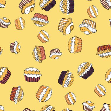 Sarı, beyaz ve siyah şirin Doğum izi. Vektör. Gıda afiş tasarımı için. Sorunsuz cupcake, peri kek.