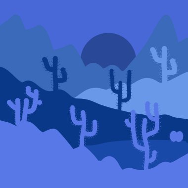 Çöller ve kum tepeleri manzaraya gündoğumu. Vektör çizim. Manzara mavi ve mor renkler. Kompozisyon.