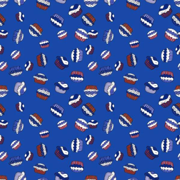 Sorunsuz elle çizilmiş vintage tarzı kek ve kurabiye. Vektör çizim. Top kek tatlar illüstrasyon mavi, beyaz ve siyah doodle. Pasta.