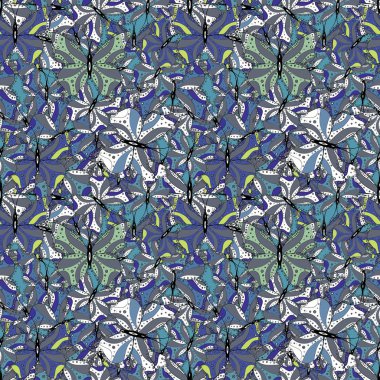 Şirin kelebek güzel seamless modeli. Resimde çizilmiş. Vektör. Moda kumaş tasarımı. Resimleri gri, mavi ve beyaz renklerde.