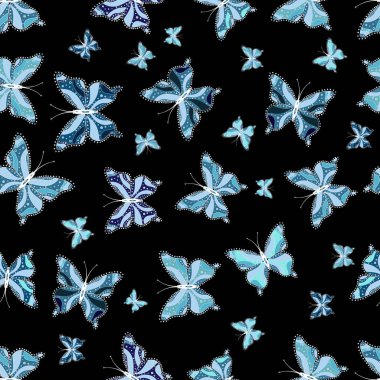 Basit kadınsı desen kartı, yazdırma, davet için. Kağıt, kumaş, ambalaj için uygundur. Vektör çizim. Sorunsuz. Tarafsız, mavi ve siyah arka plan üzerinde renkli kelebek koleksiyonu.