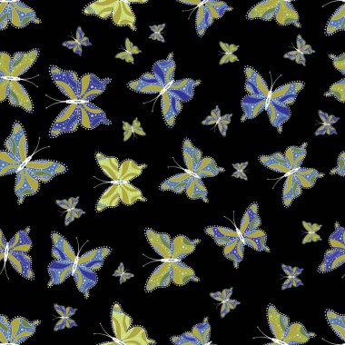 Güzel kelebekler çiçek orman tasarımı kitap sayfaları için uçan. Fantezi güzel illüstrasyon. Vektör çizim. Sorunsuz colorfil desen. Sarı, mavi ve siyah renklerde resimleri.