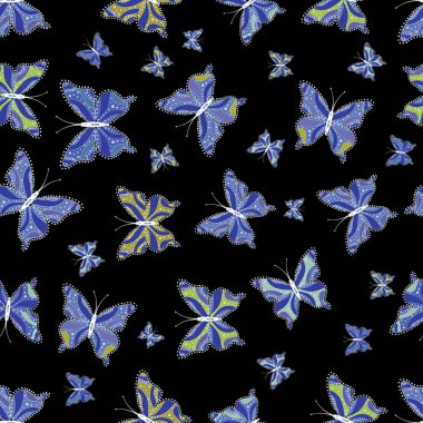 Kelebeklerin el çekilmiş siluet suluboya doku ile Seamless modeli. Vektör çizim. Vintage tarzı içinde. Çizimde siyah, mavi ve beyaz renkler.