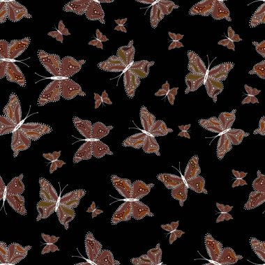 Renkli kelebekler sorunsuz arka plan. Sanat siyah, kahverengi ve beyaz renkler üzerinde kelebekler. Vektör çizim. Scrapbooking için resim.
