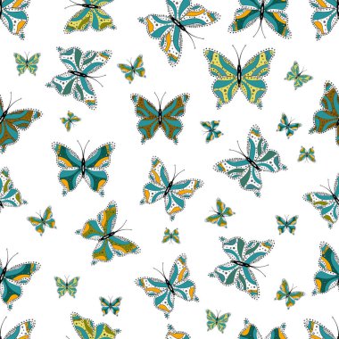 Basit şirin desen davet için kartı, baskı. Mavi, siyah ve beyaz arka plan üzerinde renkli kelebek. Renkli güzel halk kelebekler ile Dikişsiz desen vektör.