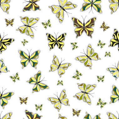 Beyaz, sarı ve yeşil arka plan üzerinde kelebekler. Kroki, doodle, karalama. Sorunsuz. Sonsuz. Kelebekler tasarlayın. Vektör çizim.