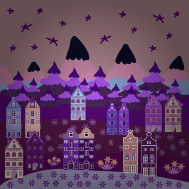 Çocuklar kumaş, çocuk odası duvar kağıdı için mükemmel. Güzel doğa manzara kavramı. Vektör. Resimde tarafsız, mor ve mor renkler. House, ağaçlar, kardan adam, dağlar ve tepeler renkli desen.