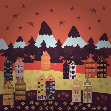 Turuncu, kahverengi ve mor renkler güzel binalar. Vektör çizim. Evler vektör arka plan doodle.