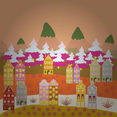 Vektör çizim. Peri ev şaşırtıcı Noel'de büyülü ormanda dekore edilmiştir. Olağandışı christmas illüstrasyon kartpostal bej, tarafsız ve sarı renkler.